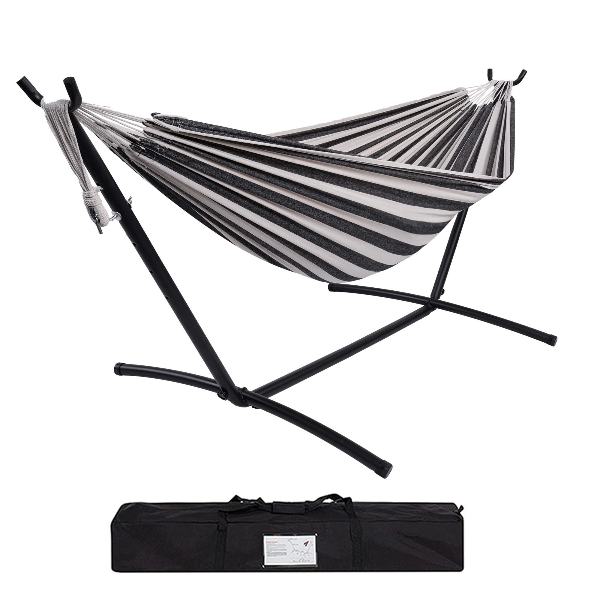 Prime Garden Cotton Rope Hammock With Space Saving Steel Hammock Stand, 2 Person Double Freestanding Hammock With Carry Bag For Outdoor Patio Yard Backyard 450 Lb Capacity (Black Stripe)