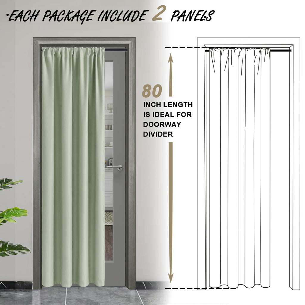 Jiuzhen Blackout Doorway Curtains 80 Inch Length - 2 Panels Thermal Insulated Privacy Soundproof Rod Pocket Closet Door Curtains Room Divider For Bedroom,Office, 42 X 80 Inches, Light Green