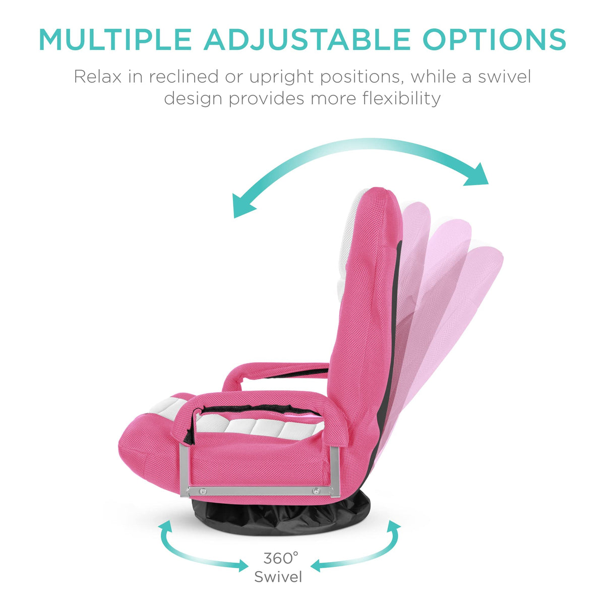 Best Choice Products Swivel Gaming Chair 360 Degree Multipurpose Floor Chair Rocker For Tv, Reading, Playing Video Games W/Lumbar Support, Armrest Handles, Adjustable Foldable Backrest - Pink/White
