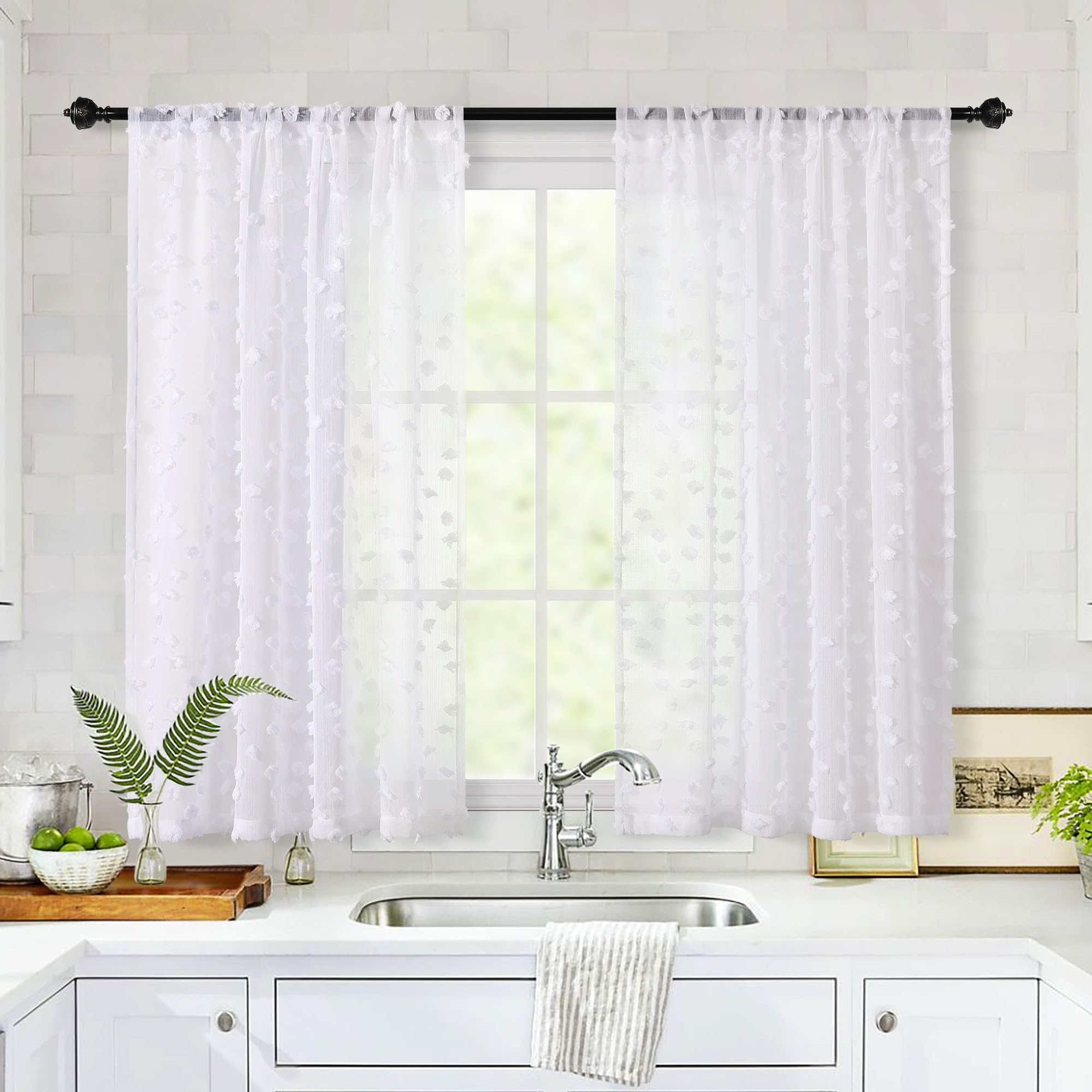 Mysky Home Semi Sheer Curtains 54 Inch Length With Pom Pom For Bedroom Small Windows Boho Style Light Filtering Curtains For Nur