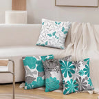 Comminy Teal Grey Pillow Covers 16X16 Set Of 6 Decorative Daisy Flower Throw Pillow Cover For Couch Modern Turquoise Pillow Case