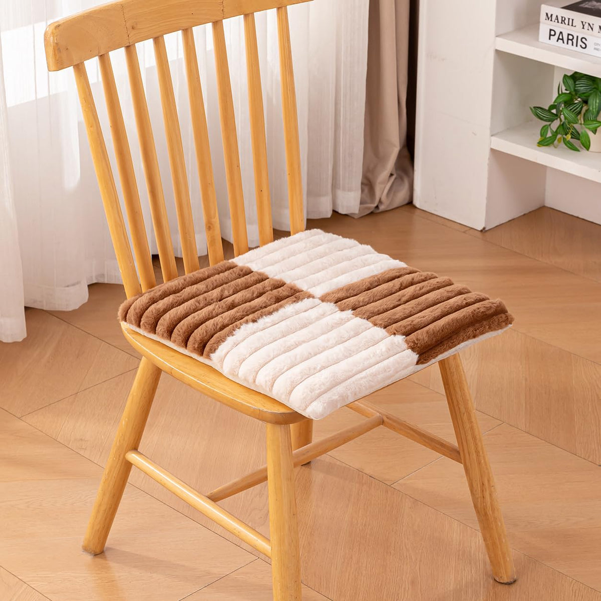 Hokipo Checks Faux Rabbit Fur Chair Cushion Pad, 42X42 Cm, Brown