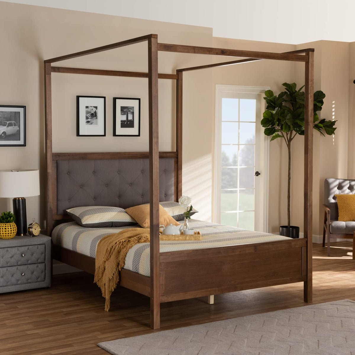 Baxton Studio Natasha Modern and Contemporary Grey Fabric Upholstered and Walnut Brown Finished Wood King Size Platform Canopy Bed