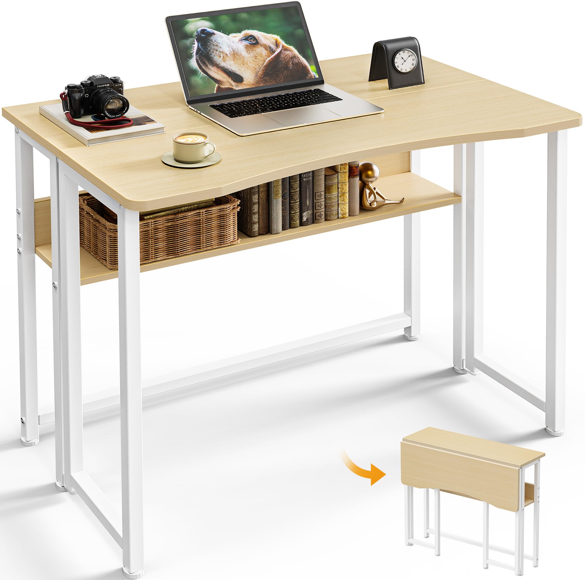 Huuger Folding Desk with Storage Shelf, 31.5 Inch Foldable Computer Table for Small Spaces, Space Saving Sofa Table for Couch, W