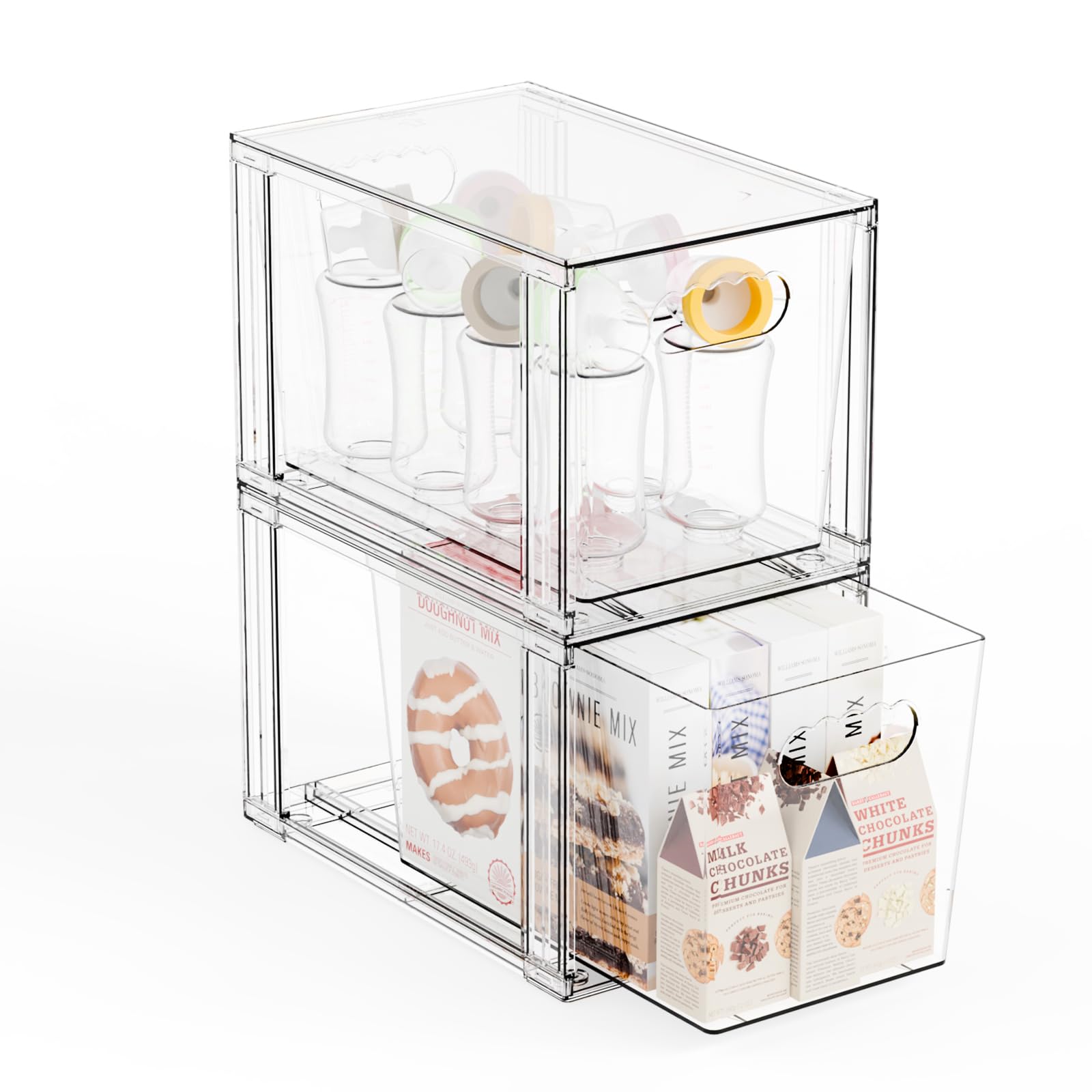 Yieach 2 Pack Large Stackable Storage Drawers,11Deep Under Cabinet Organizer,Baby Bottle Organizer,Clear Stacking Pull Out Drawe