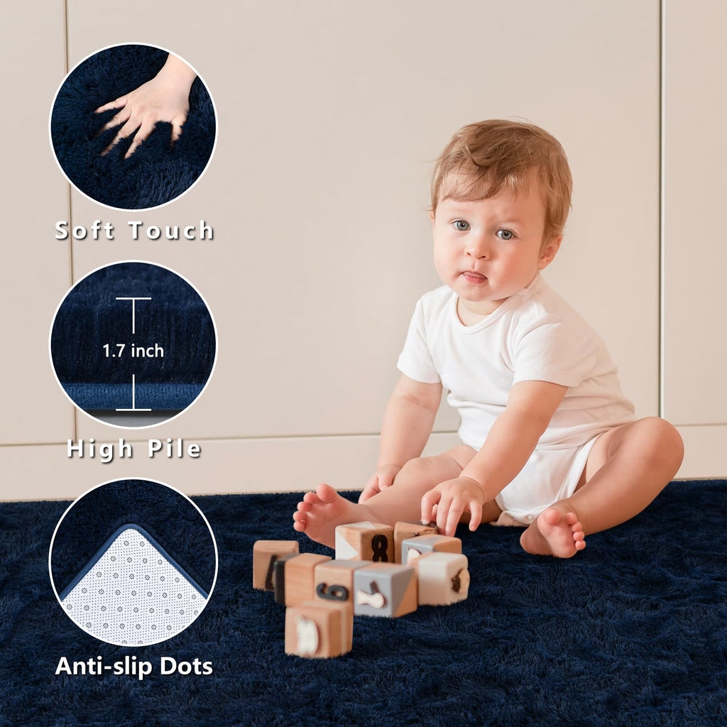 Larhom Fluffy Shag Area Rug For Bedroom Living Room, 5X8 Ft Navy Blue Fuzzy Plush Rugs For Kids Girls Boys Room, Nursery Dorm Ro