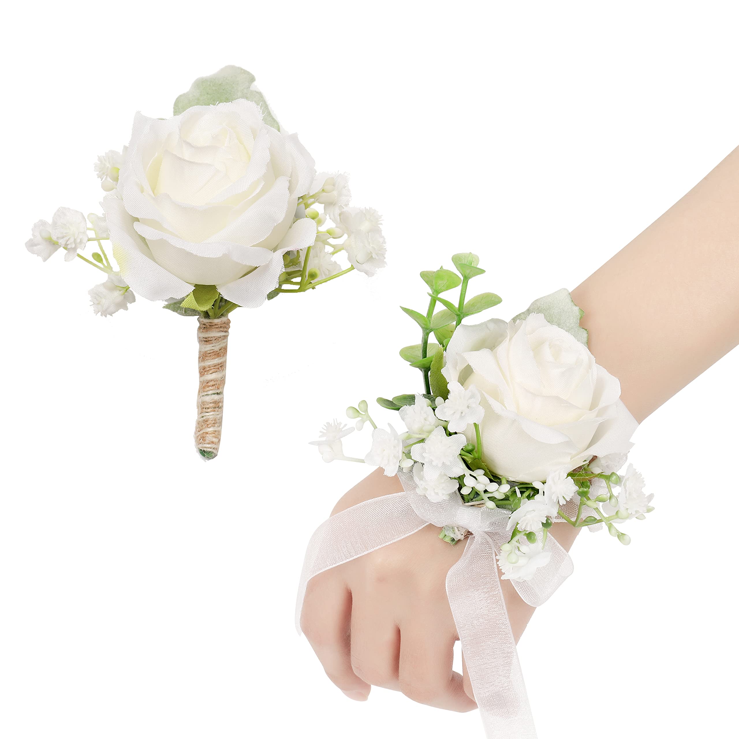 YSUCAU Corsage and Boutonniere Set, Ivory Rose Boutonniere, Prom Flower Wrist Corsage Bracelets, Homecoming Corsage Wristlet, Me