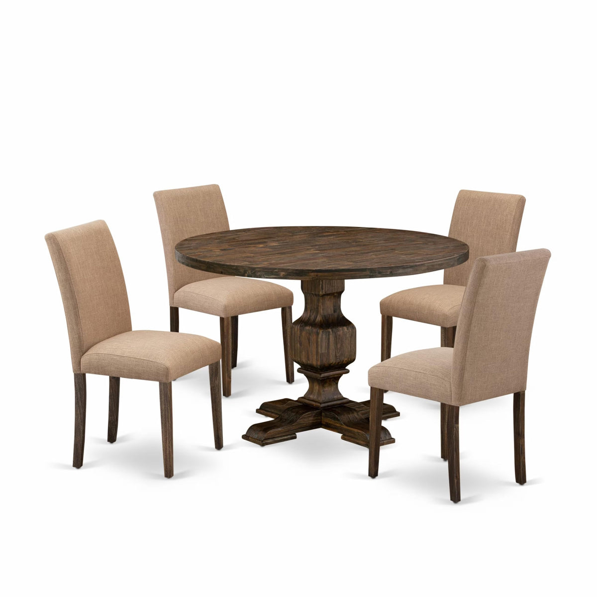 East West Furniture I3AB5-747 5 Piece Dining Table Set for 4 Includes a Round Kitchen Table with Pedestal and 4 Light Sable Linen Fabric Parsons Dining Chairs, 48x48 Inch, Distressed Jacobean