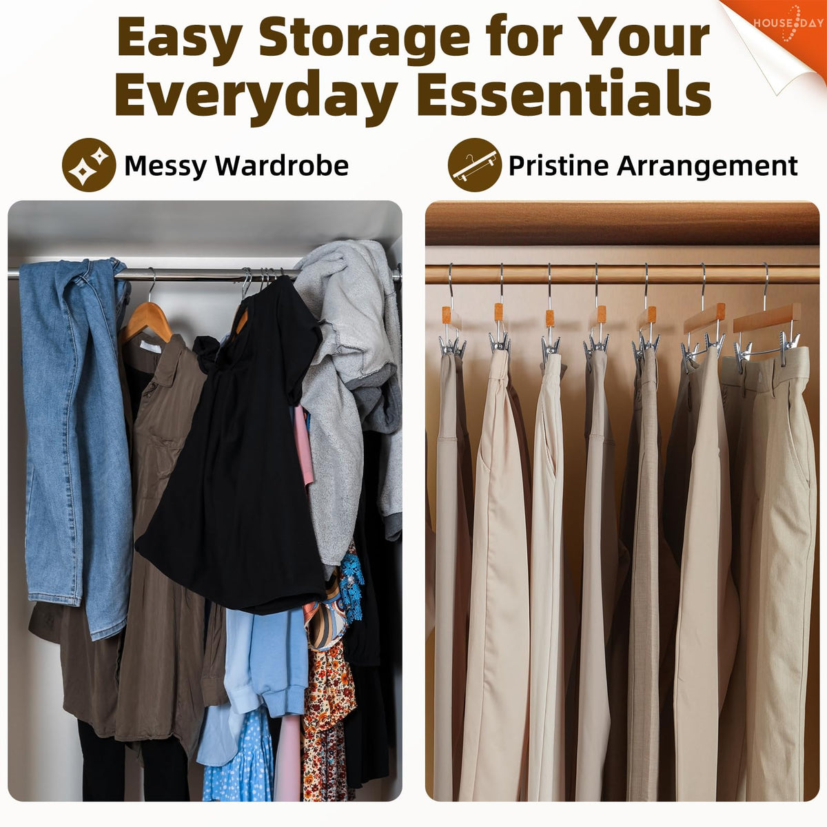 House Day Premium Wooden Pants Hangers 15 Pack, Solid Lotus Wood Skirt Hangers With 2-Adjustable Clips, Heavy Duty & Anti Slip W