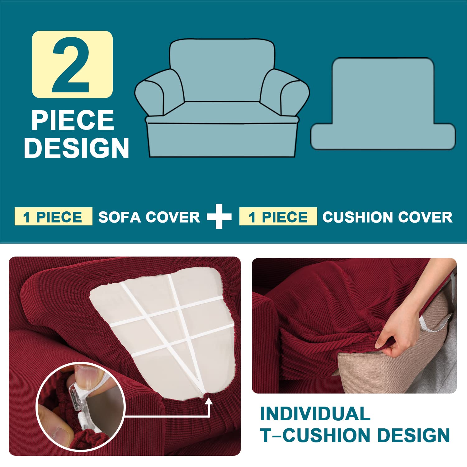 Turquoize T Cushion Chair Slipcover T Cushion Chair Covers For Living Room Stretch Sofa Couch Cover Soft Armchair Cover Furniture Covers With Individual T Cushion Seat Covers (Chair, Burgundy)