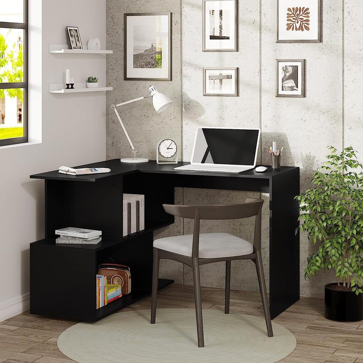 Grand Furnish Engineering Wood Black Lshaped Desk With Open Storage Shelve