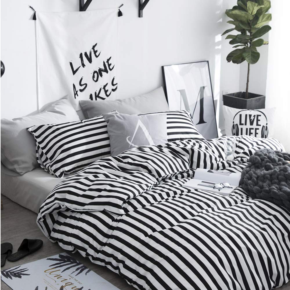 Clothknow Striped Comforter Set Full 3Pcs Black And White Bedding Comforter Sets Farmhouse Comforter Full Size Ticking Stripes F