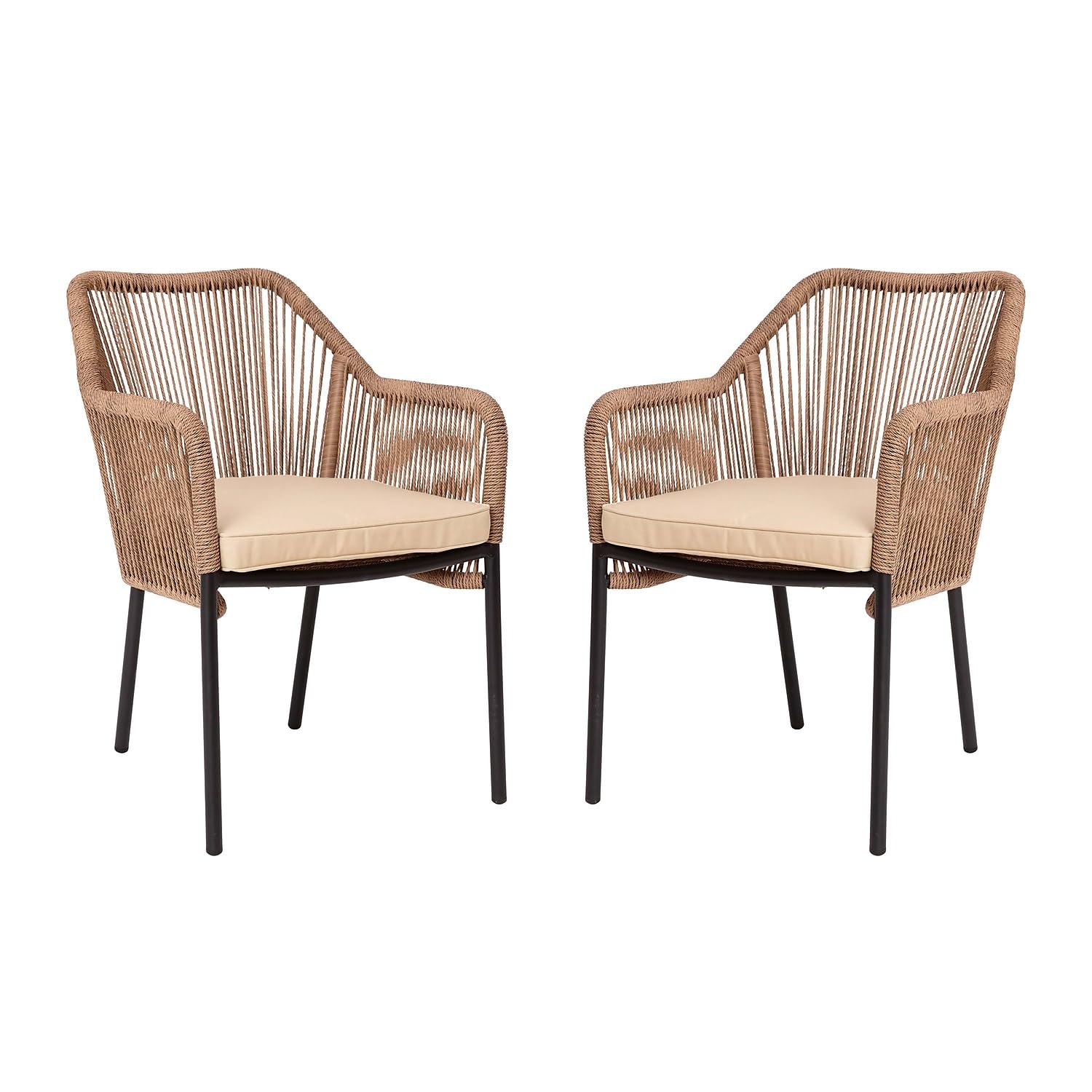 Flash Furniture Kallie Set of 2 Indoor/Outdoor Stacking Club Chairs with Arms - UV Resistant Woven Natural Seat - Ivory Zippered