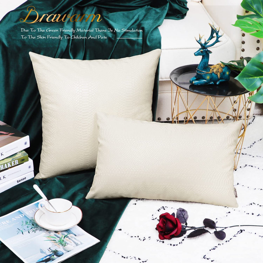Brawarm Ivory White Leather Throw Pillows 18 X 18 Inches, Snake Leather Pillow Covers Pack Of 2, Faux Leather Decorative Pillow