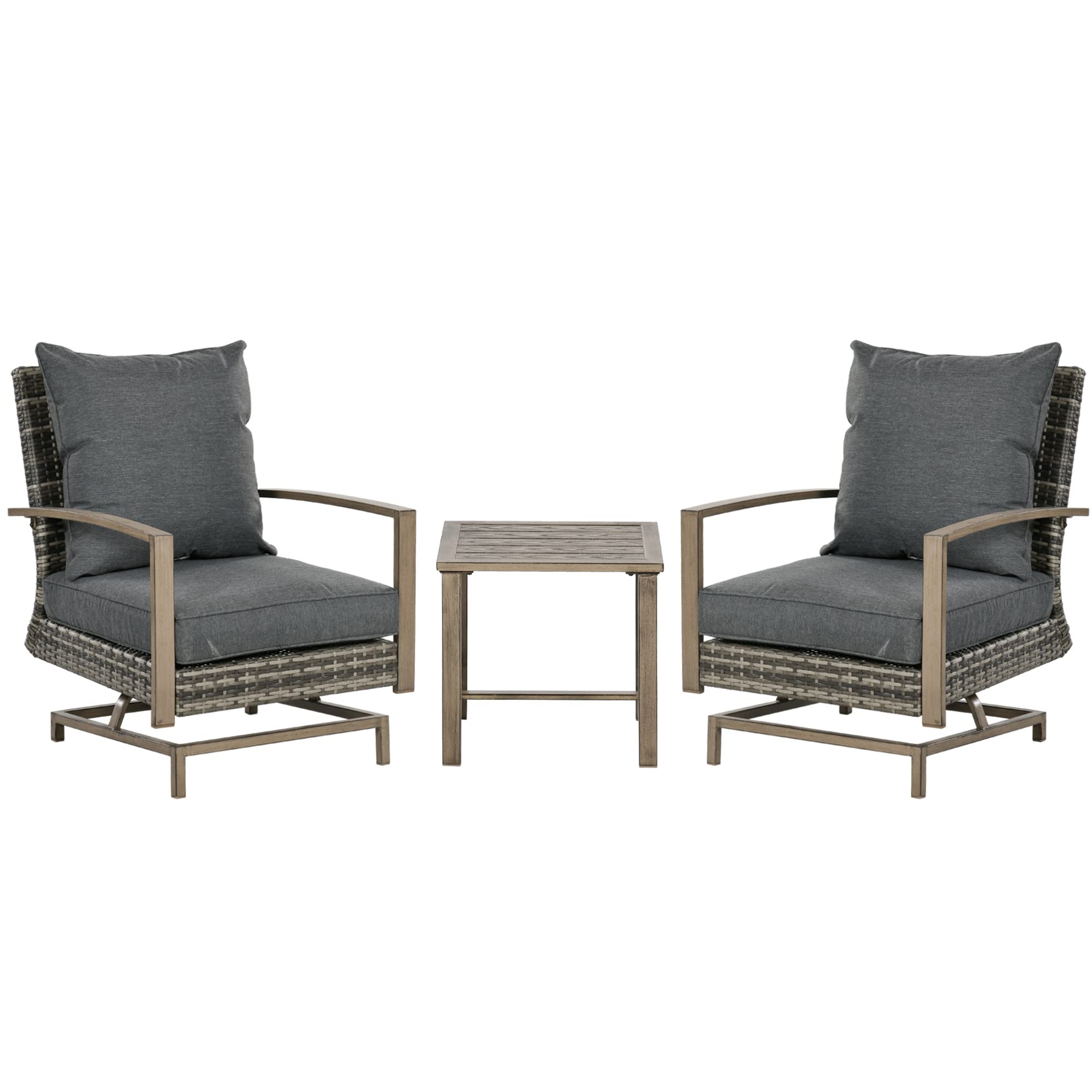 Outsunny 3-Piece Patio Wicker Bistro Set With Cushions, Aluminum Frame Outdoor Pe Rattan Conversation Furniture With 2 Rocking Chairs, Slat Top Coffee Table For Porch, Backyard, Garden, Dark Gray