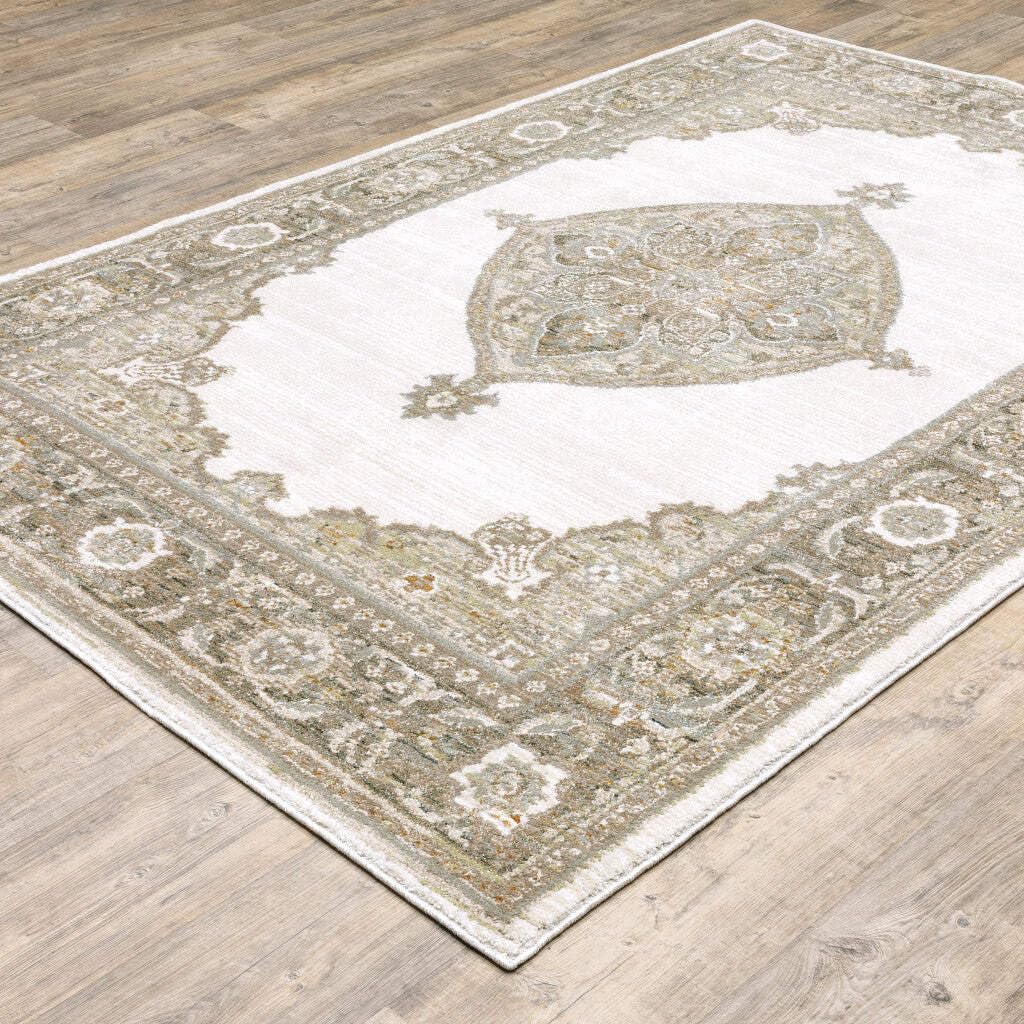 HomeRoots 510141 10 x 13 ft. Beige Ivory Tan Gold Gray & Green Oriental Power Loom Stain Resistant Rectangle Area Rug