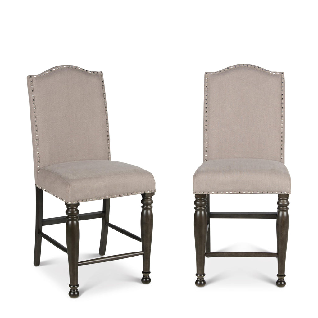Steve Silver Co Caswell Counter Chair, Set of 2 Chairs, Nailhead Trim, Contemporary Design, Shield Back, Dining Room, Ktichen, Bar, Counter Island, Rubberwood, 100% Polyester, 20"D x 24"W x 45"H, Gray