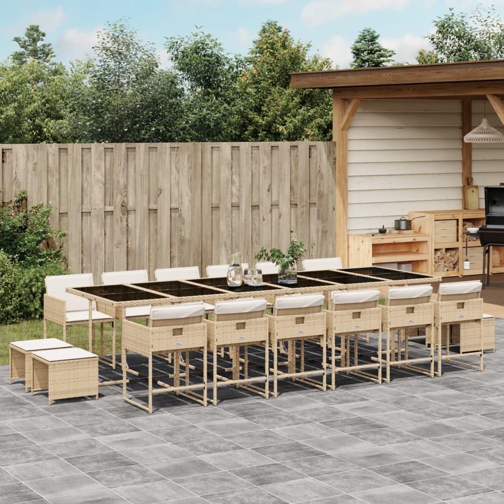 vidaXL 17 Piece Patio Dining Set - Cushioned PE Rattan Outdoor Furniture with Beige Foldable Chairs & Stools, Tempered Glass Tabletop - Perfect for Garden, Backyard, Patio