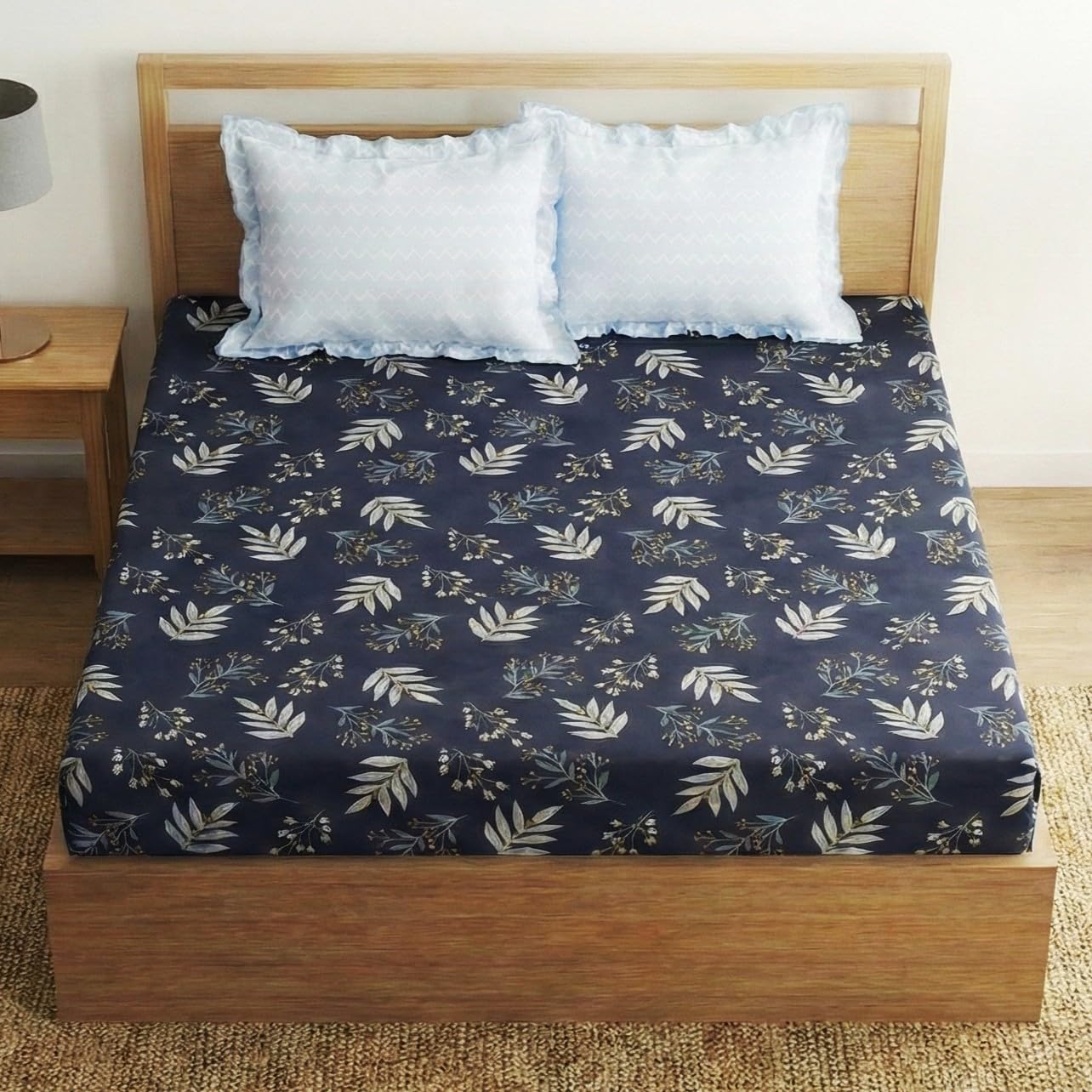Home Sizzler 210Tc Geometrical Grey Microfibre Elastic Fitted Double Bedsheet With 2 King Size Pillow Covers, Fit For Mattress: 