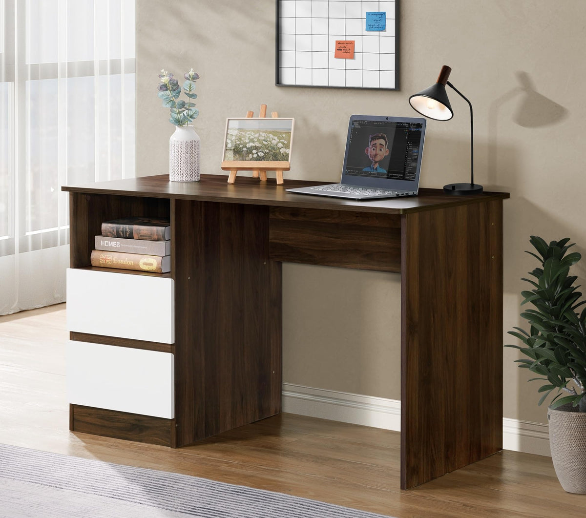 Deckup Jade Study Table And Office Desk (Walnut & White, Matte Finish)