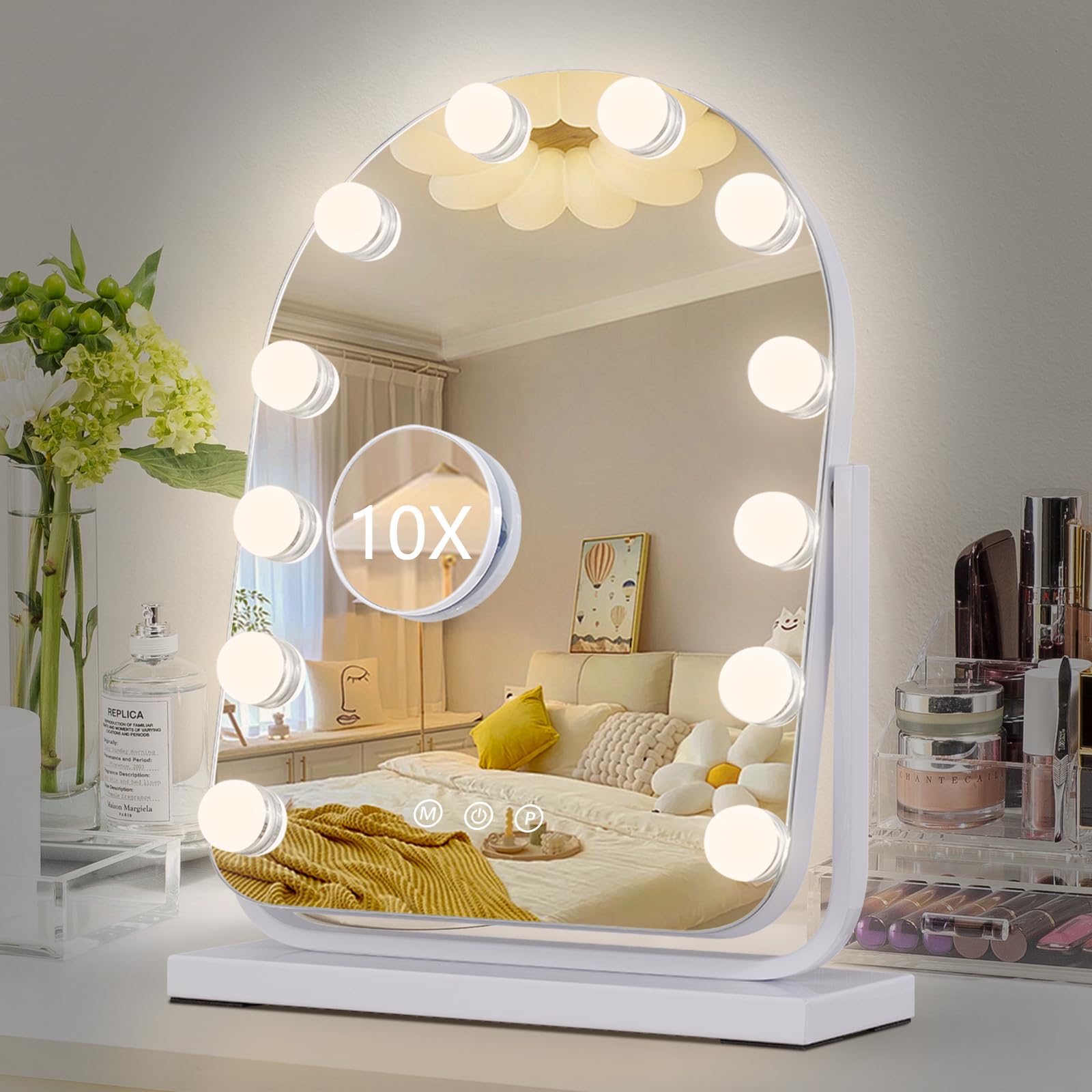 homtang Makeup Mirror with Lights-3 Modes,Smart Touch Control,Detachable 10X Magnification,15.7   11.8  Hollywood Vanity,360 Rot