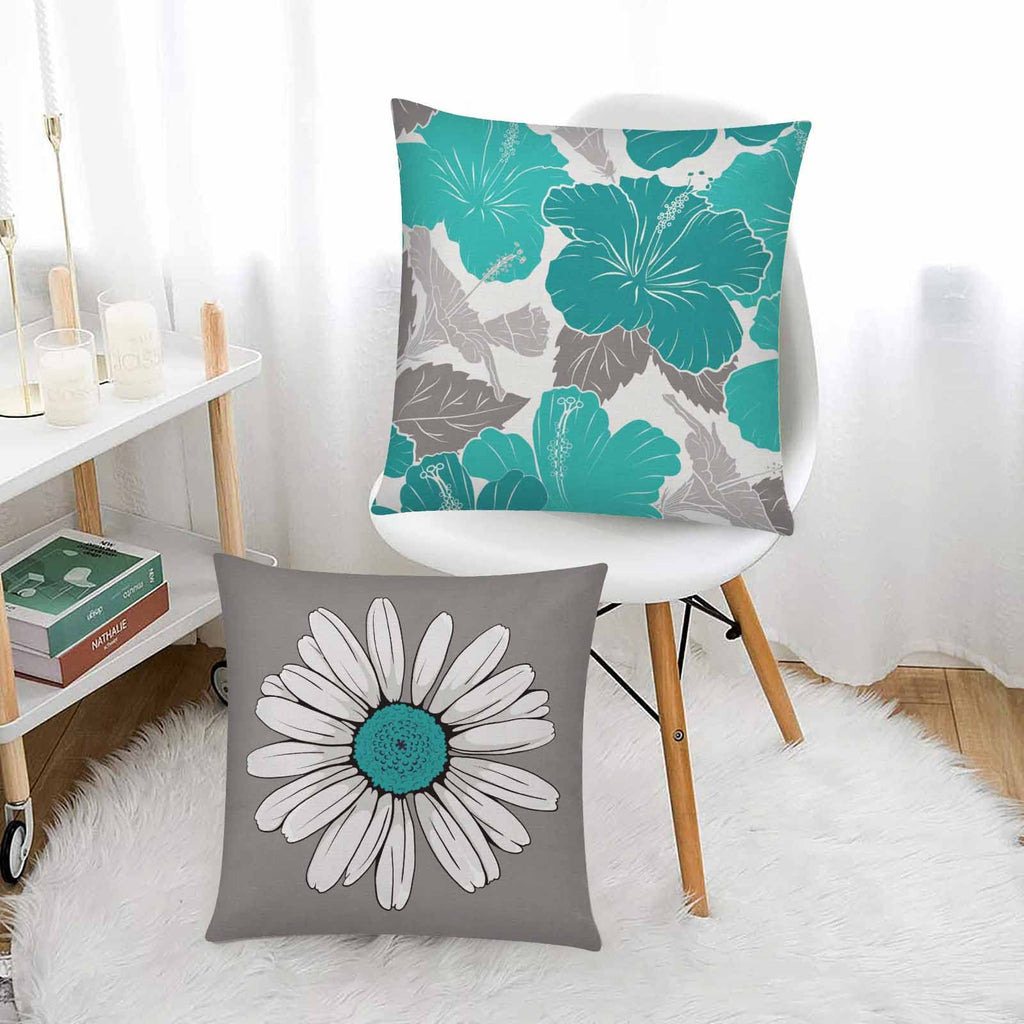 Comminy Teal Grey Pillow Covers 16X16 Set Of 6 Decorative Daisy Flower Throw Pillow Cover For Couch Modern Turquoise Pillow Case