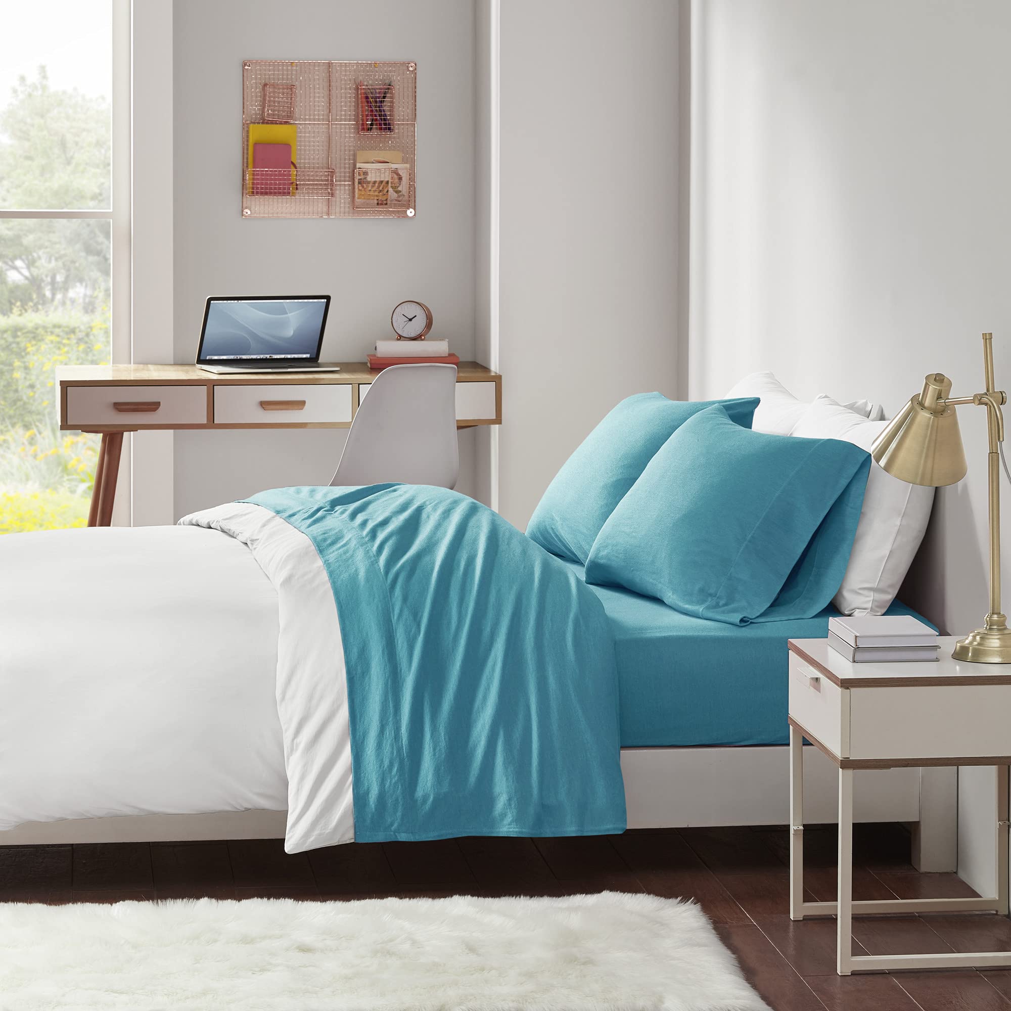Intelligent Design Cotton Blend Jersey Knit Twin Bed Sheets , Coastal Cotton Bed Sheet , Teal Bed Sheet Set 3-Piece Include Flat