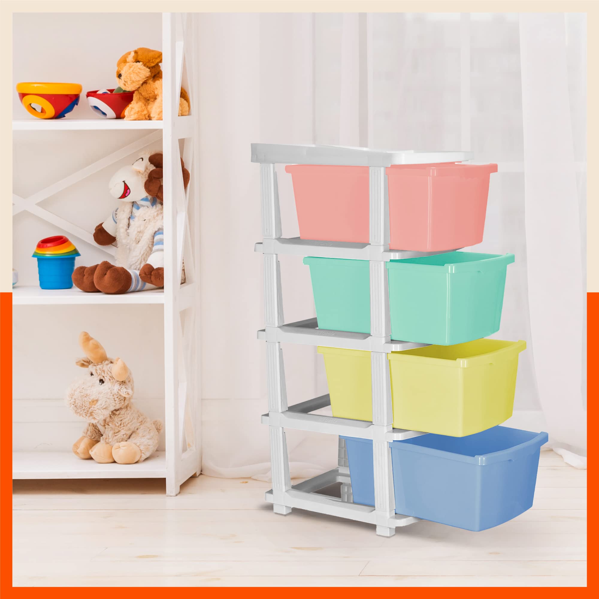 Bathla Stomo 4 Xl Drawers MultiPurpose Modular Storage For Home, Kitchen & Office | Easy To Move With Trolley Wheels | Chest Of