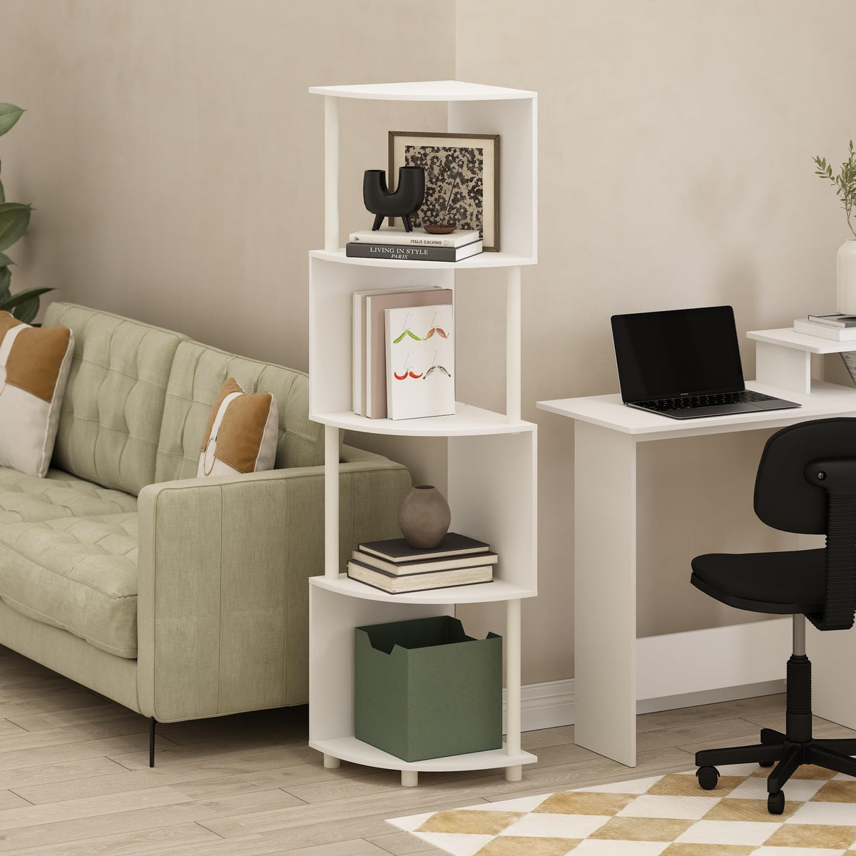 Furinno Econ 4-Tier Zigzag Corner Shelf Bookcase, Bookshelf, White/White
