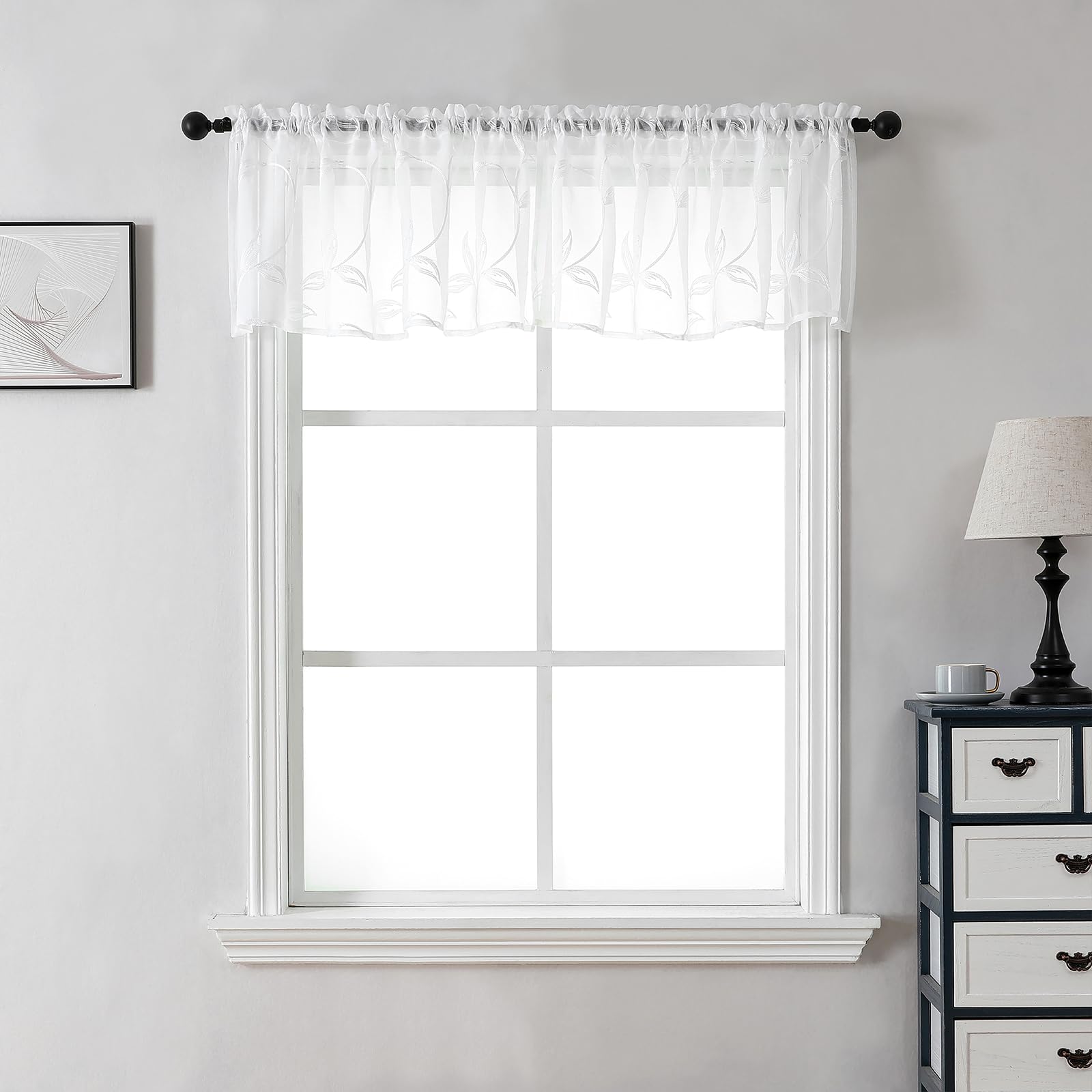 Visiontex Sheer Voile Curtain Valances, Decorative Leaves Embroidered, Rod Pocket Window Treatment For Kitchen/Rustic Bedroom/Li