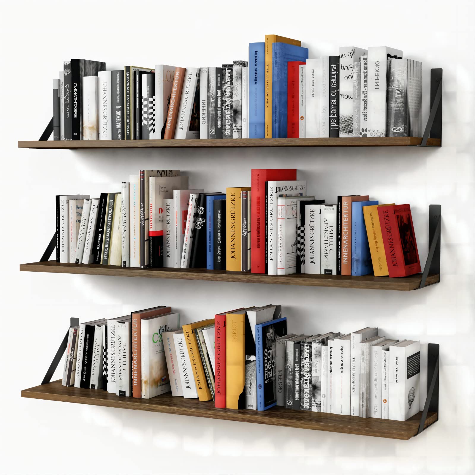 Forbena Floating Book Shelves For Wall Set Of 3, 36 Inches Long Wall Bookshelf For Bedroom, Large Wood Heavy Duty Hanging Bookshelves For Books, Living Room Decor, Closet Storage (Rustic Brown)