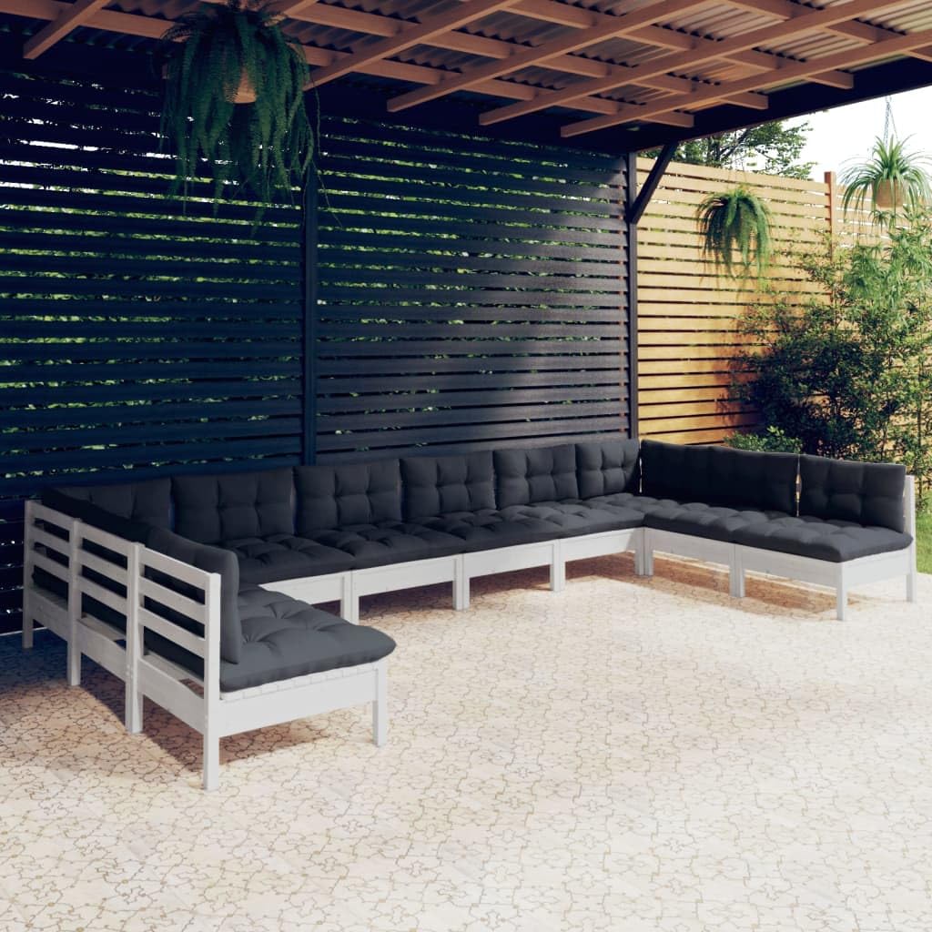 vidaXL Solid Pinewood Patio Lounge Set 10 Piece with Cushions Garden Outdoor Lawn Yard Terrace Balcony Wooden Seat Seating Furniture White