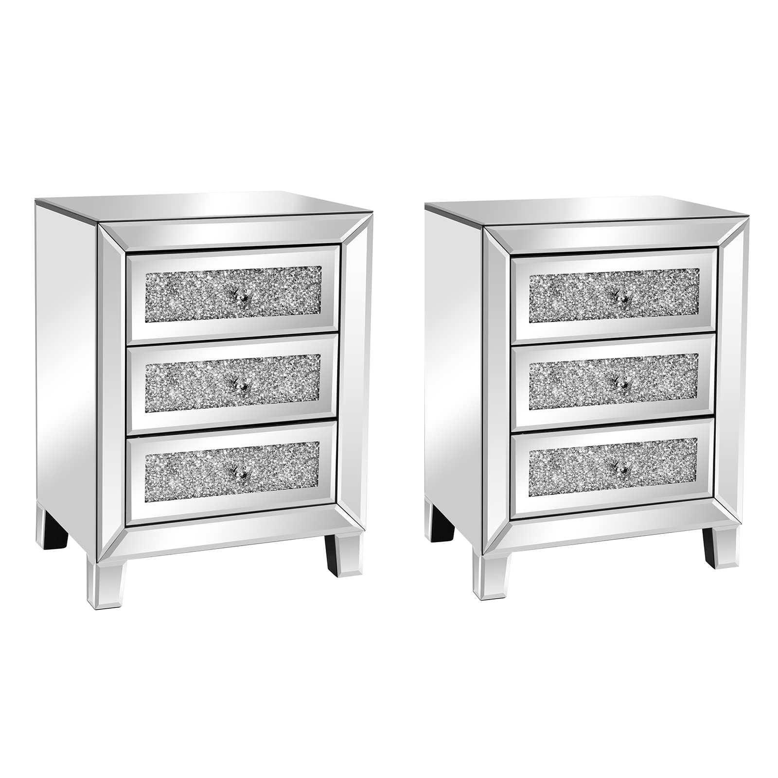 VINGLI Mirrored Nightstand Set of 2, Mirrored Side/End Table for Living Room, Glass Silver Nightstand, Crushed Glass Mirror Nigh