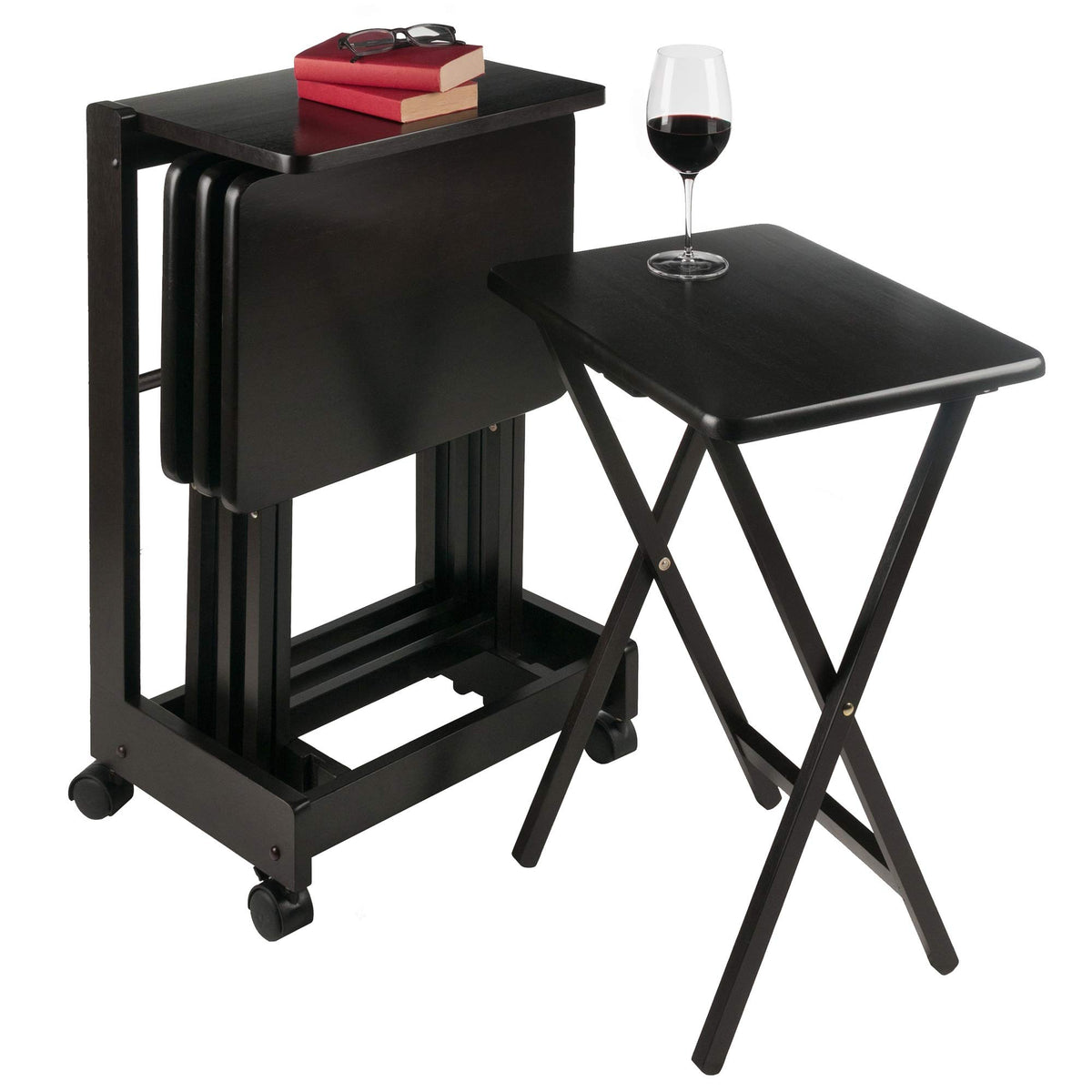 Ergode Wood Brienda 5-Piece Snack Table Set - Foldable Snack Tables with Storage Rack and Serving Cart, Solid Wood, Deep Coffee Finish, Mobile with Locking Wheels, Perfect for Home Entertainment