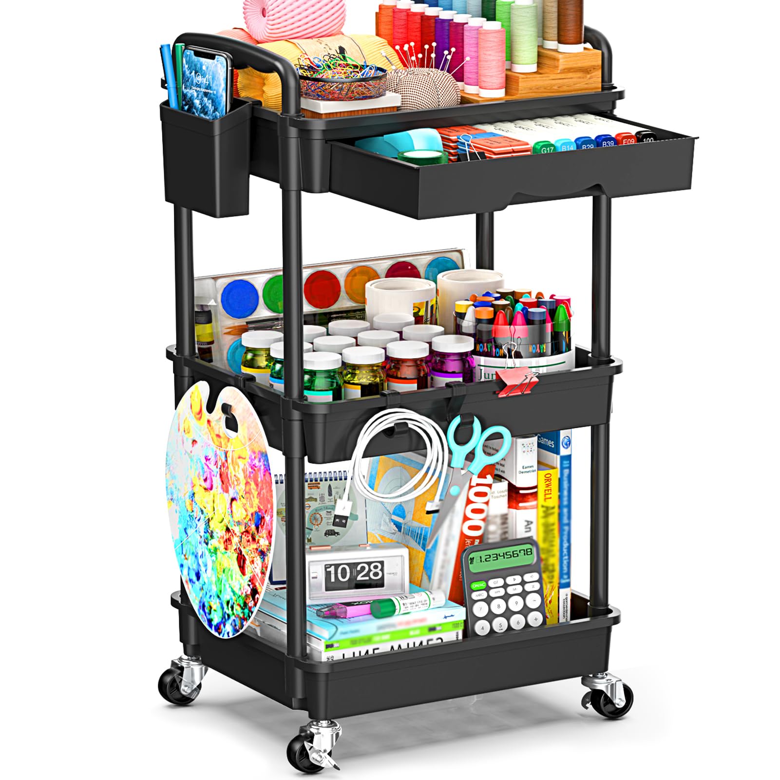 SUNALLY 3 Tier Rolling Storage Carts with Removable Drawers, Lockable Wheels, Hooks & Cup Holders - Easy Assembly Storage Organi