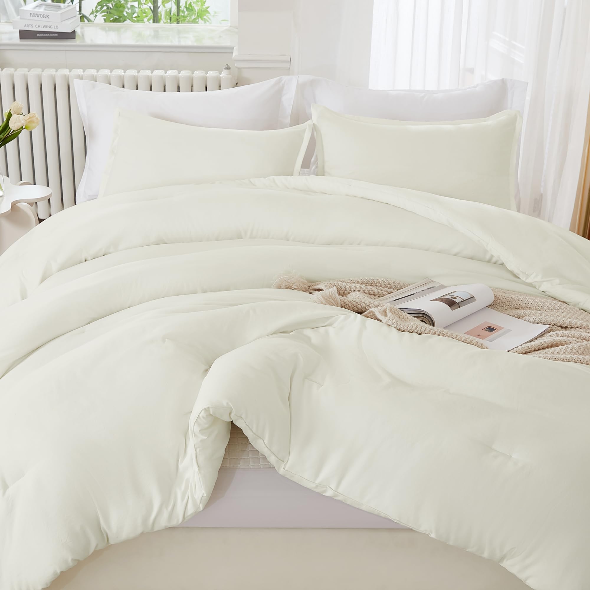 Litanika Ivory Comforter Set King Size, 3 Pieces Lightweight Solid Bedding Comforter Set, All Season Fluffy Bed Set (104X90In Co
