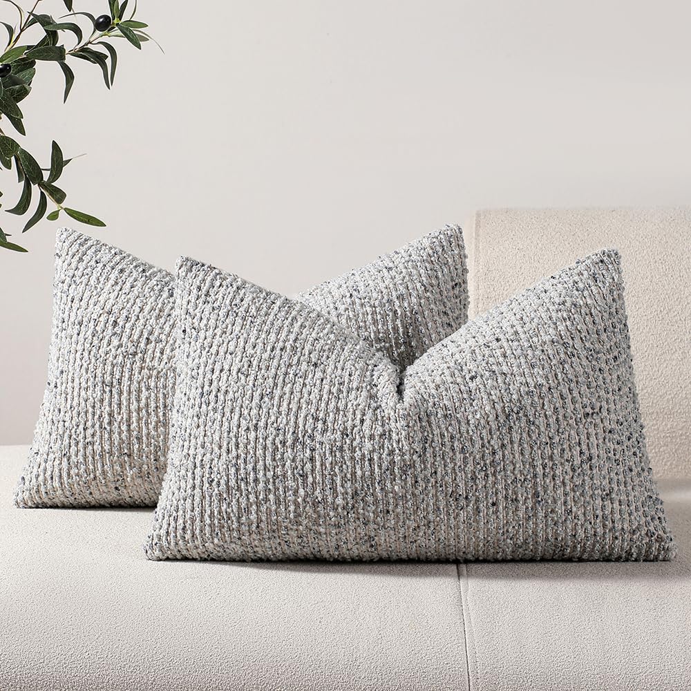 Dezene Striped Throw Pillow Covers 12X20 Set Of 2 Blue Textured Boucle Chic Morden Boho Accent Farmhouse Rectangular Lumbar Deco