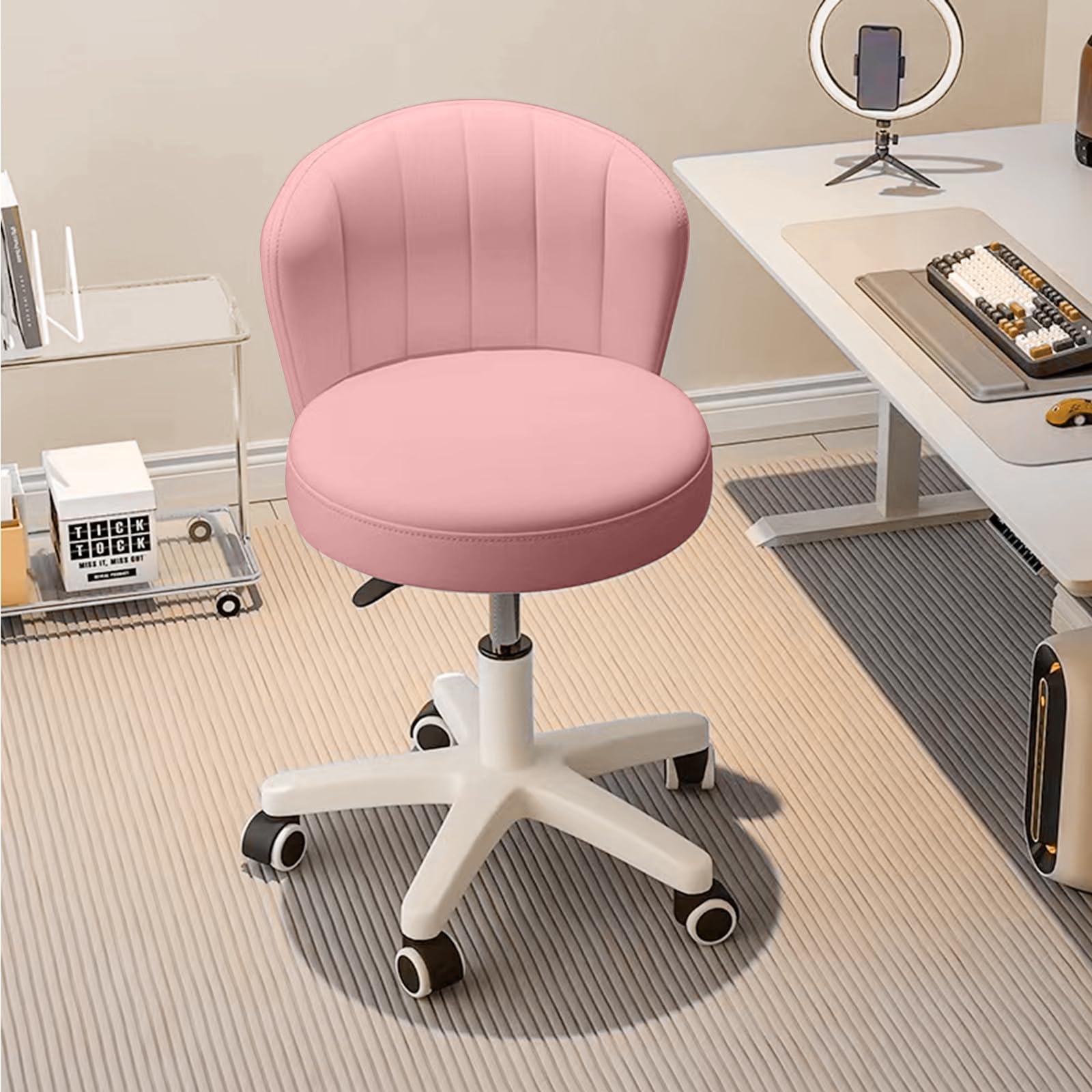 HDHNBA Small Desk Chair Round Rolling Chair with Back PU Leather Height Adjustable Swivel Vanity Work Computer Stool Chair for H
