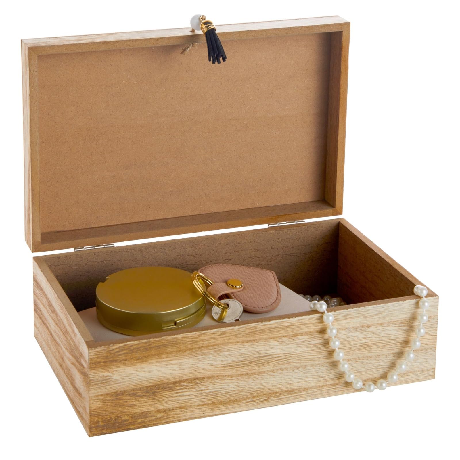 Juvale Small Wooden Decorative Box With Hinged Lid And Tassel For Jewelry, Trinket Storage (9.4 X 6 X 3 In)