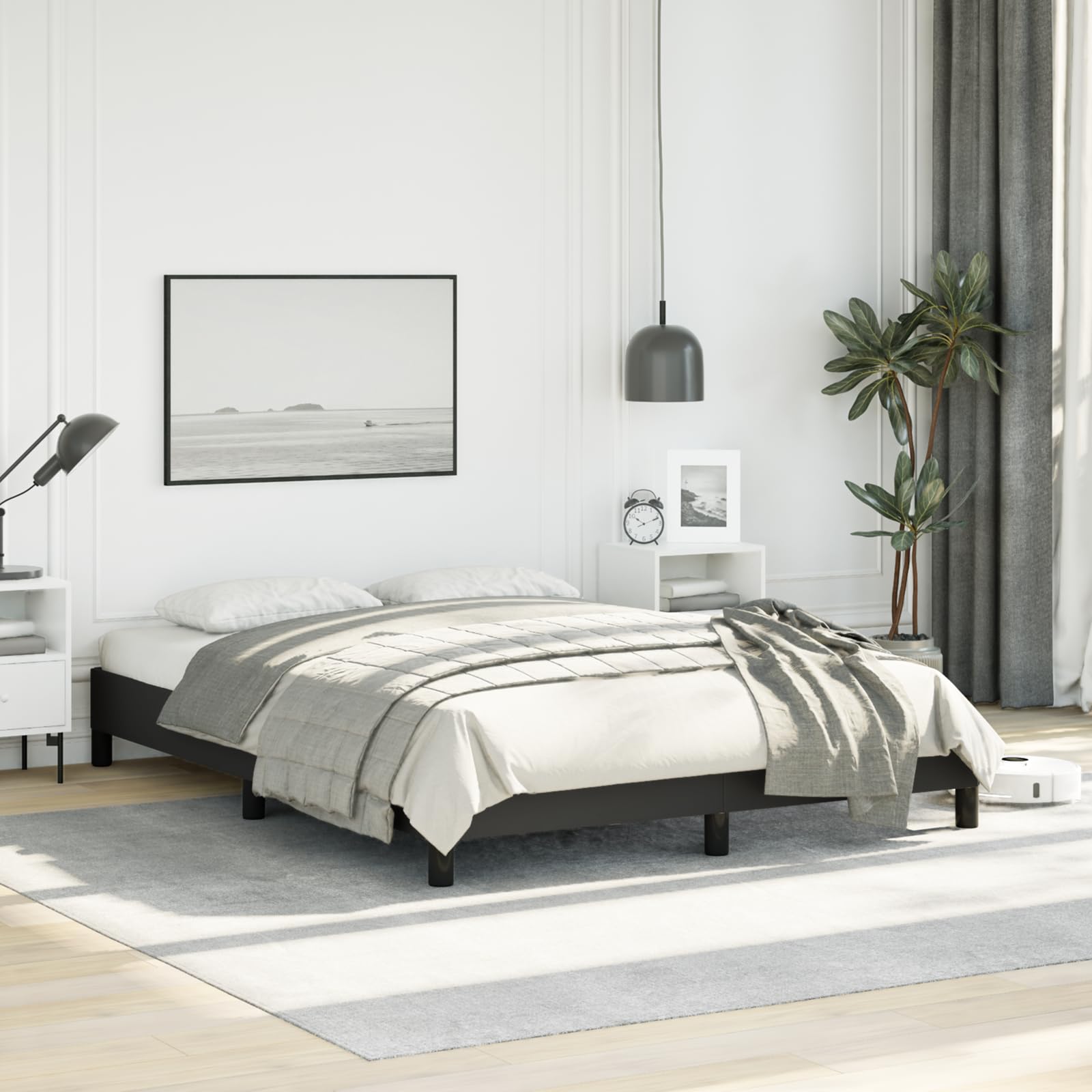 vidaXL Full Size Bed Frame with Plywood Slats, Platform Bed Frame, Faux Leather Upholstered Mattress Foundation, No Box Spring Needed & Easy Assembly, Black, Without Mattress