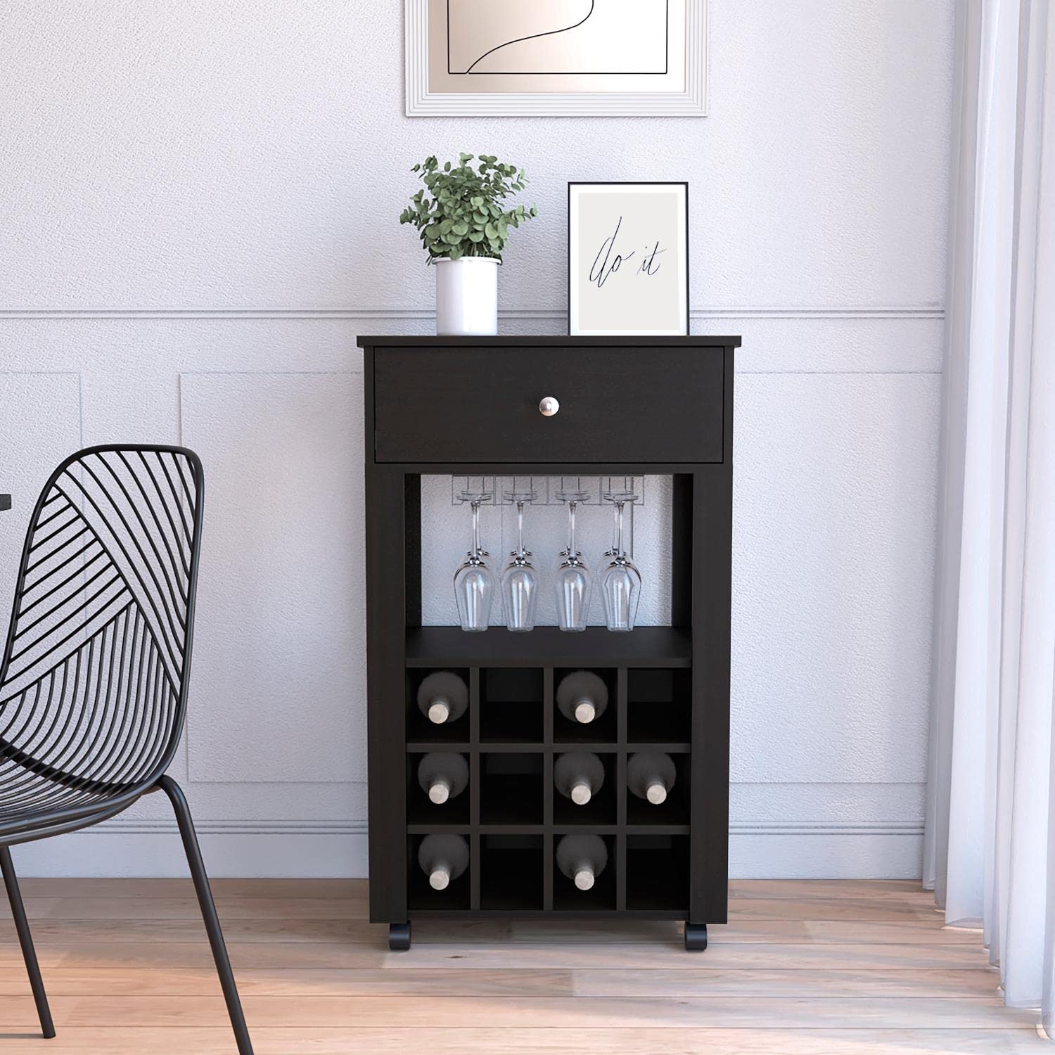 Margh Bar Cart, 12 Wine Cubbies, Drawer, Glass Rack, Caster Wheels, Black