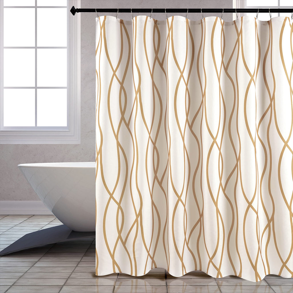 Biscaynebay Extra Long Textured Fabric Shower Curtain 72 Inch By 72 Inch, Gold Printed Striped Linen Modern Hotel Luxury Quality
