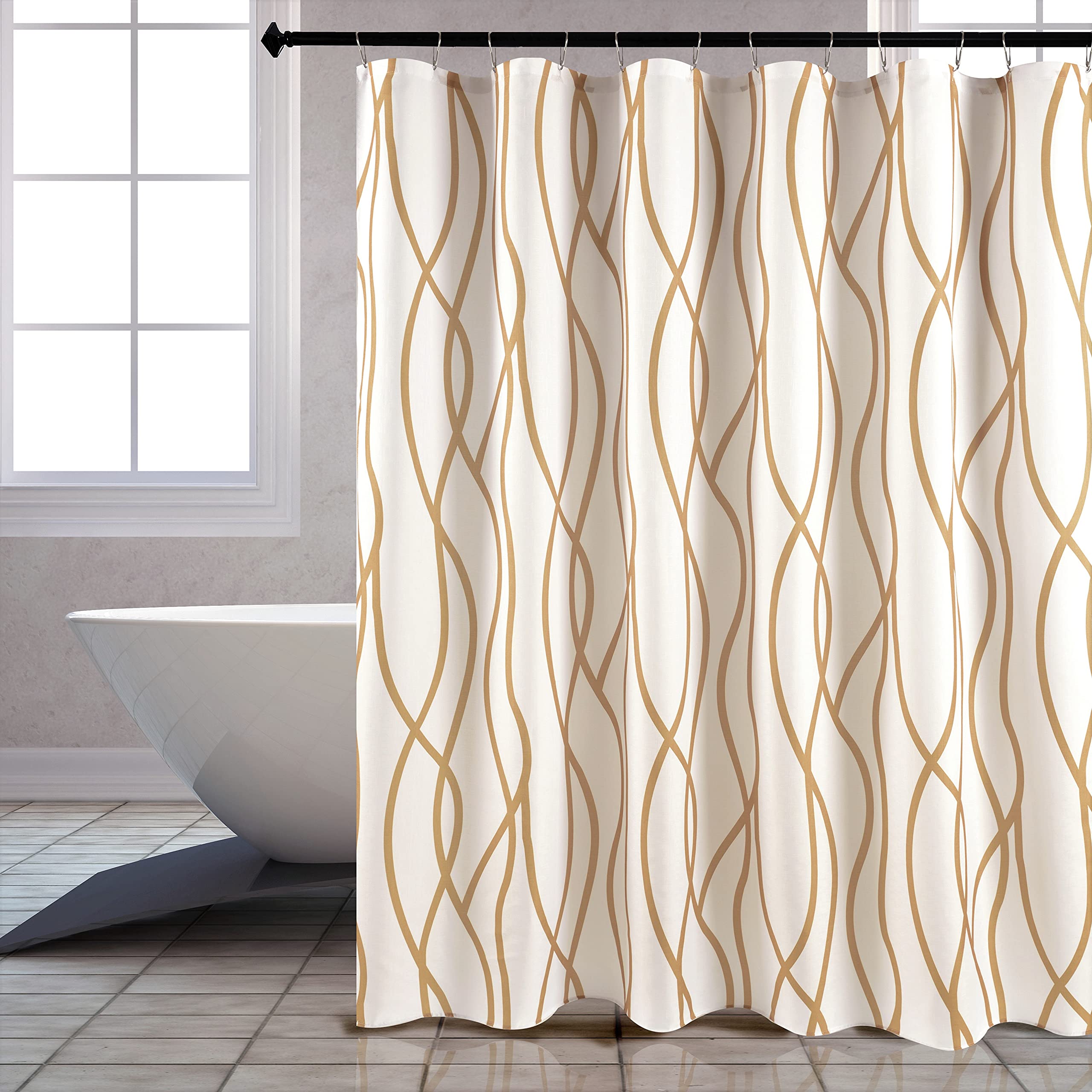 Biscaynebay Extra Long Textured Fabric Shower Curtain 72 Inch By 72 Inch, Gold Printed Striped Linen Modern Hotel Luxury Quality