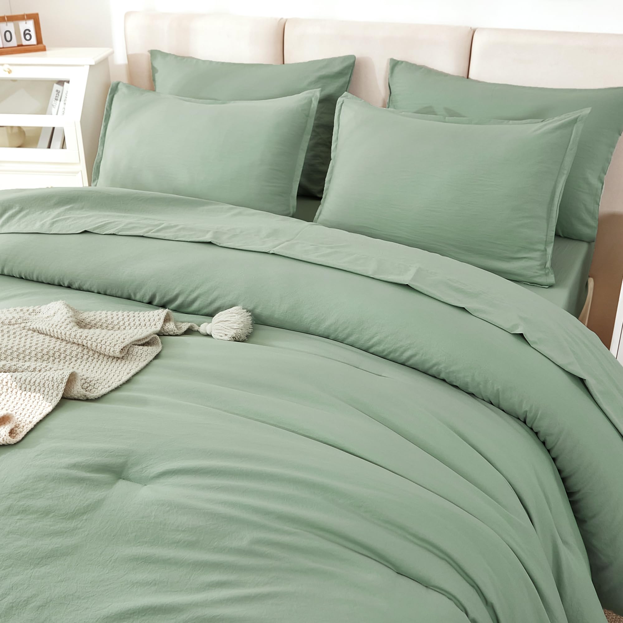 Litanika Comforter King Size Set Sage Green - 7 Pieces Bed In A Bag King Beddding Comforter Sets, Plain Lightweight Bed Set With