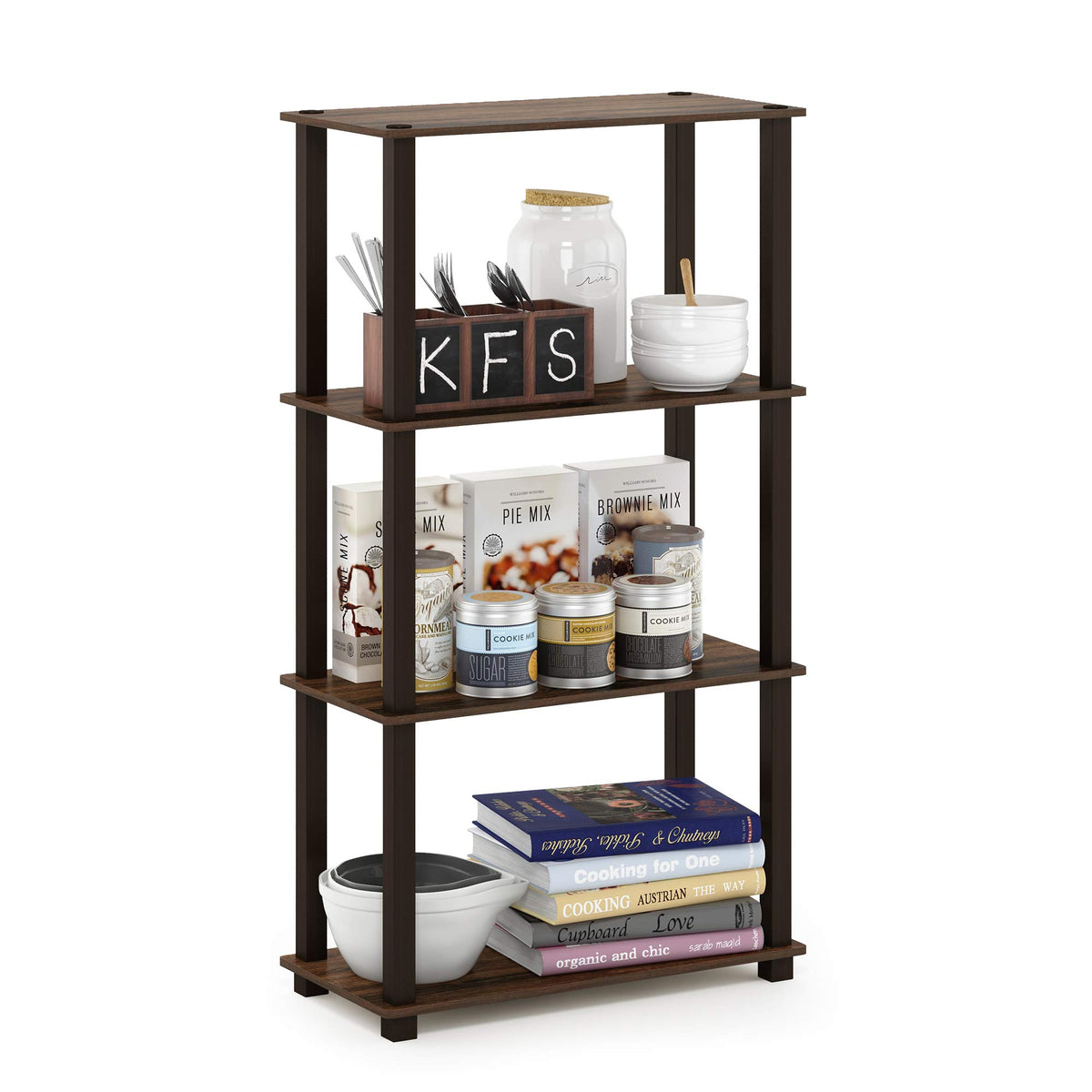 Furinno Turn-N-Tube 4-Tier Multipurpose Shelf Display Rack, Square Tube, Walnut/Brown