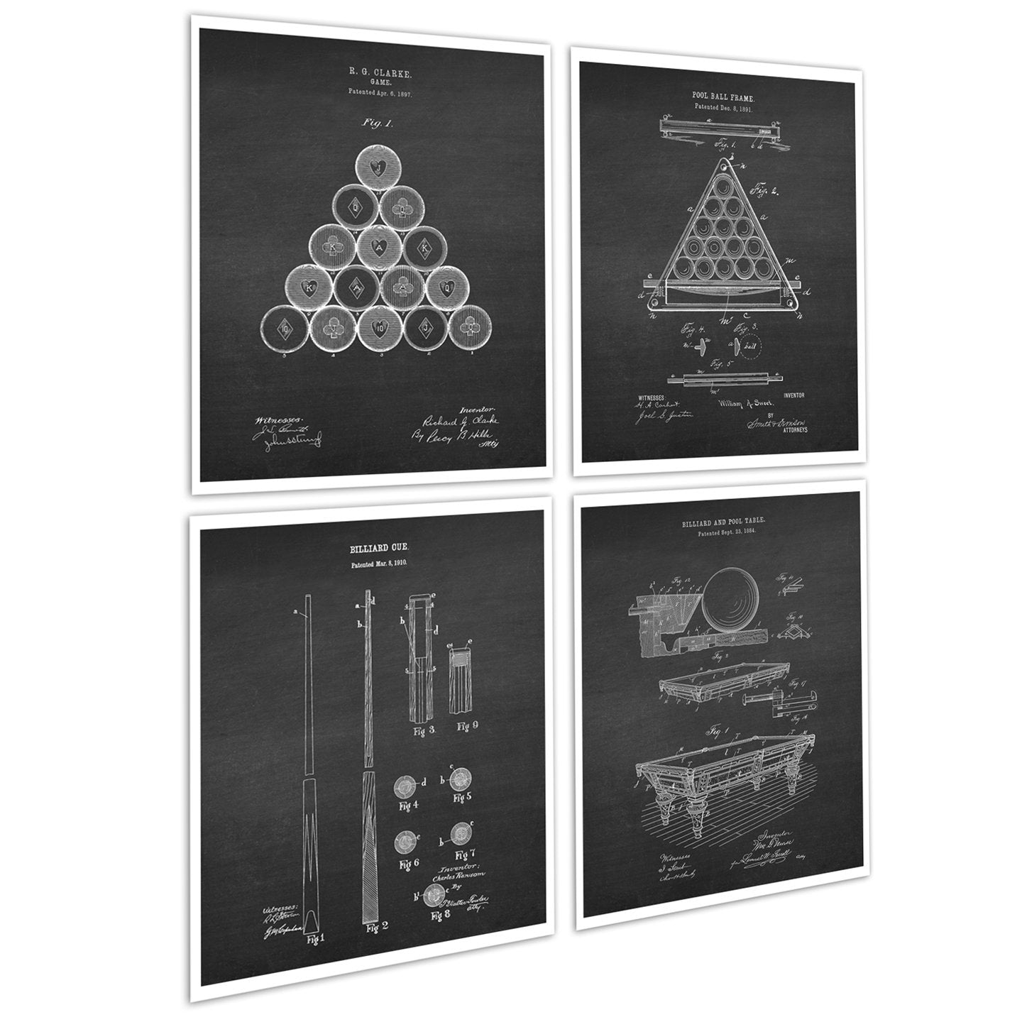 Billiards Pool Room Decor Set of 4 Unframed Art Prints of Billiards Patent Diagrams
