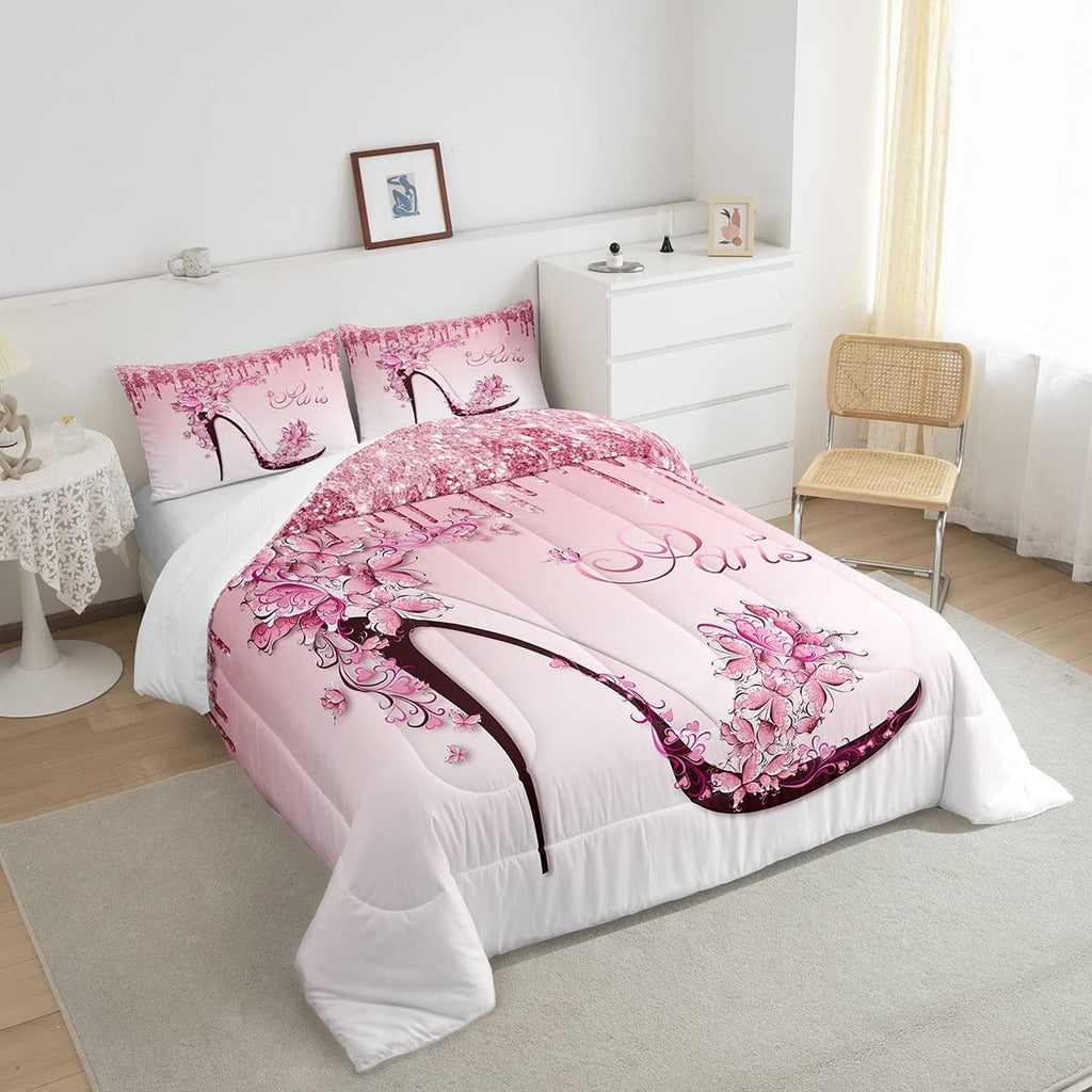 Woman Pink Bedding Set King Size,Flowers Butterfly High Heels Comforter Set For Kids Girls Home Decor,Fantasy Glitter Quilt Set Romantic Paris Duvet Insert,2 Pillowcases,Valentine Day Gifts