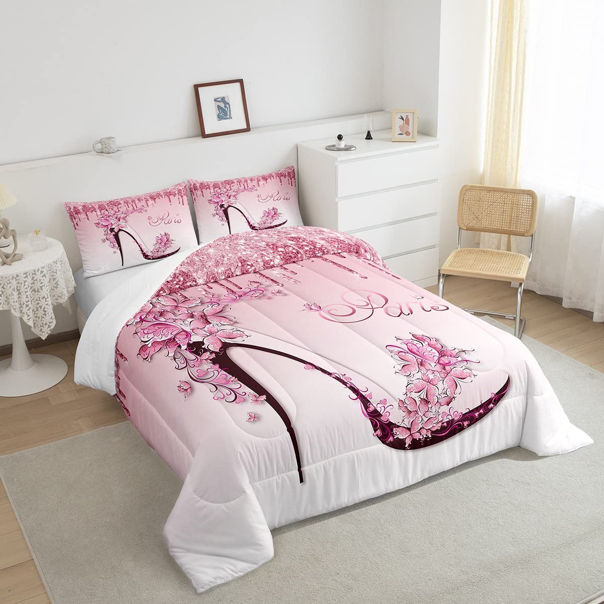 Woman Pink Bedding Set King Size,Flowers Butterfly High Heels Comforter Set For Kids Girls Home Decor,Fantasy Glitter Quilt Set Romantic Paris Duvet Insert,2 Pillowcases,Valentine Day Gifts