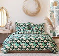 Tib Glace Cotton 78 X 60 Elastic Fitted Bedsheets Queen Size With 2 Pillow Covers, Pack Of 3, Flower Green
