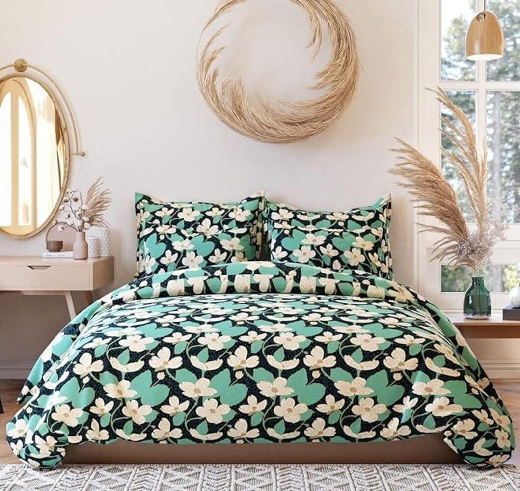 Tib Glace Cotton 78 X 60 Elastic Fitted Bedsheets Queen Size With 2 Pillow Covers, Pack Of 3, Flower Green